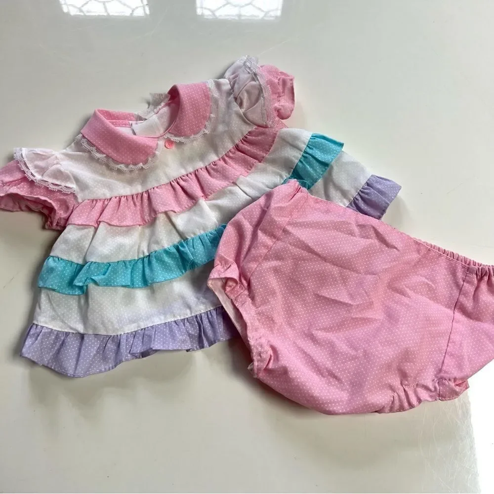 Vintage 2 Piece 1980s Cotton Candy Pastel Tiered Ruffle Polka Dot Dress Bummies